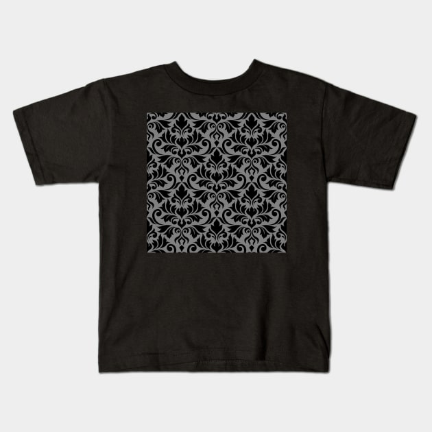 Flourish Damask Black on Gray Kids T-Shirt by NataliePaskell